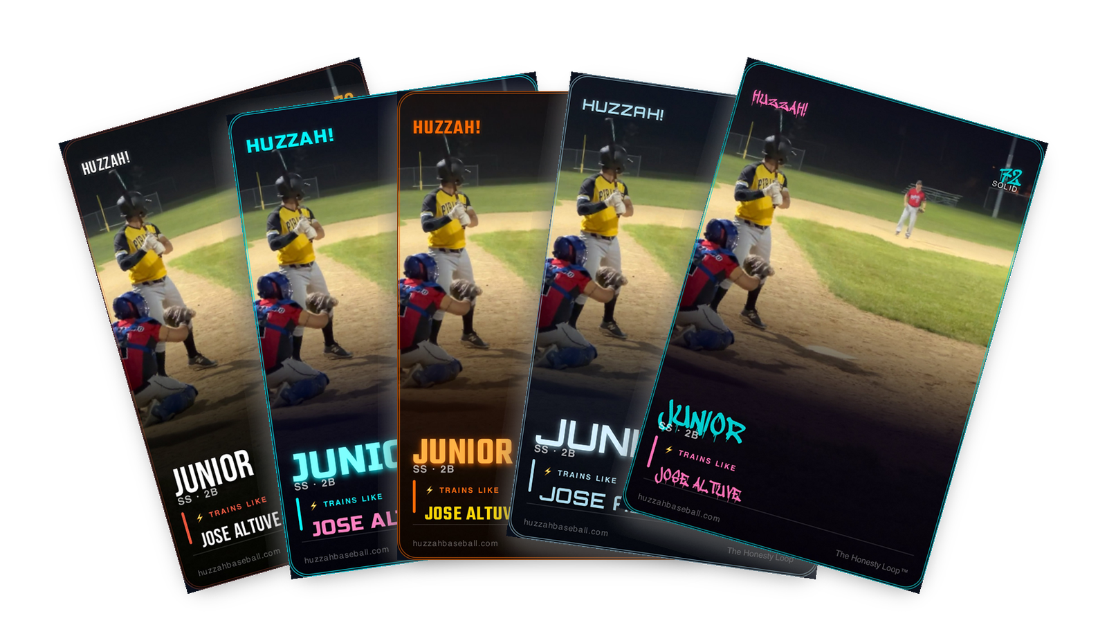 Five themed shareable analysis cards fanned out